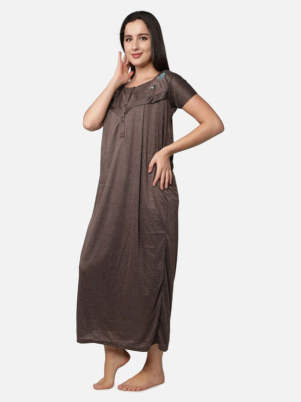Be You Women Coffee Brown Embroidered Maxi Maternity Nightdress