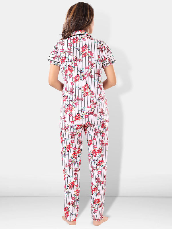 Be You Women White & Pink Printed Pajama & Shorts with Shirt Night Suits