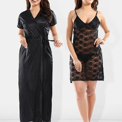 Be You Shoulder Straps Laced Nightdress With Satin Robe And Briefs