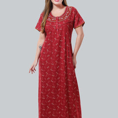 Be You Maroon Embroidered Maxi Nightdress