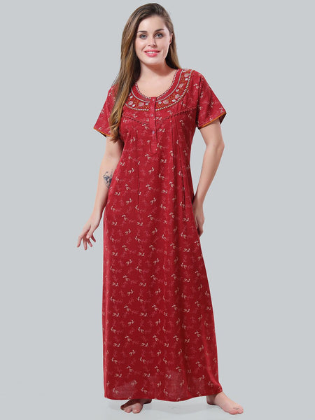Be You Maroon Embroidered Maxi Nightdress