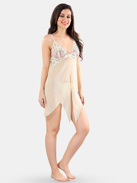 Be You Net Self Design Baby Doll Dress With Thong