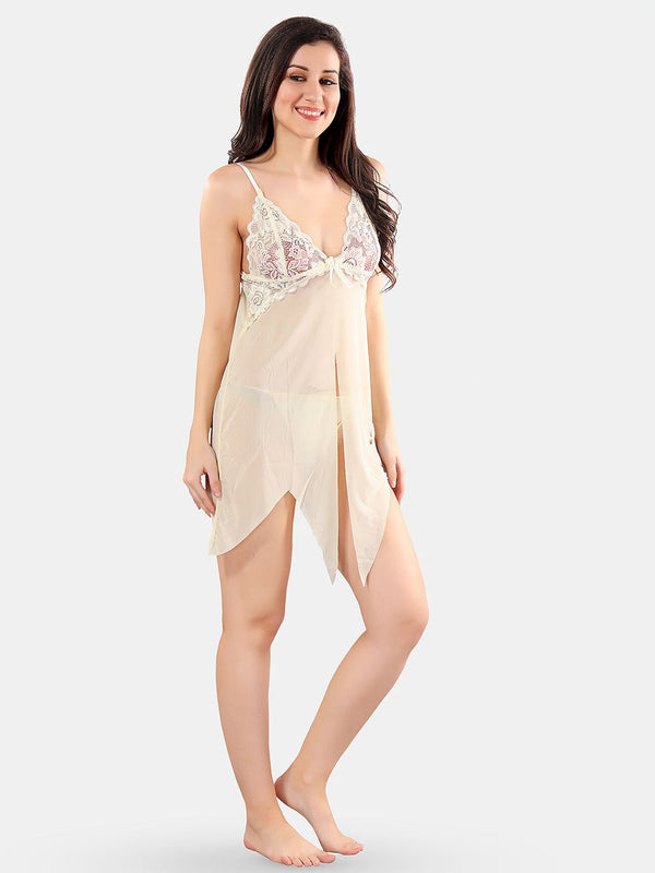 Be You Net Self Design Baby Doll Dress With Thong