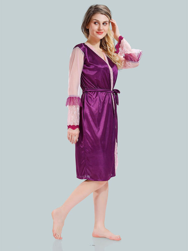 Be You Solid Lace Details Satin Nighty with Robe