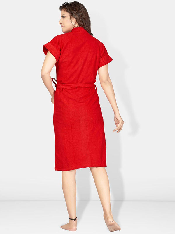 Be You Red Solid Cotton Drawstring Knee Length Bath Robe-L/XL