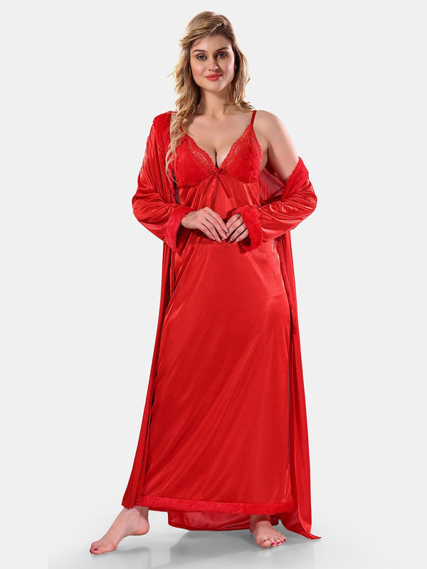 Be You V Neck Lace Up Details Satin Maxi Nightdress With Robe
