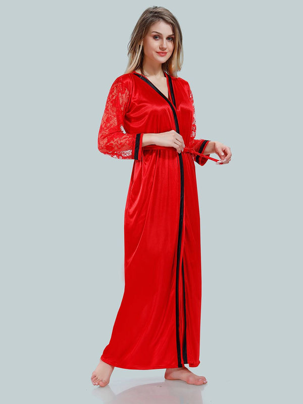 Be You Solid Lace Details Satin Nighty with Robe