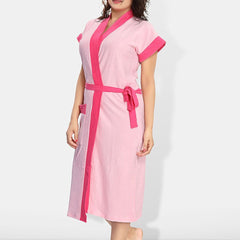 Be You Two-Tone, Fashion Pink Solid Cotton Drawstring Knee Length Bath Robe-L/XL