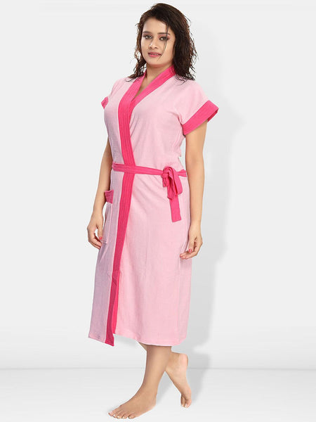 Be You Two-Tone, Fashion Pink Solid Cotton Drawstring Knee Length Bath Robe-L/XL