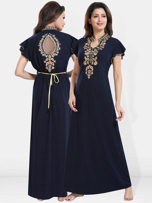 Be You Floral Embroidered Mandarin Collar Maxi Nightdress