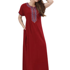 Be You Maroon Embroidered Maxi Nightdress
