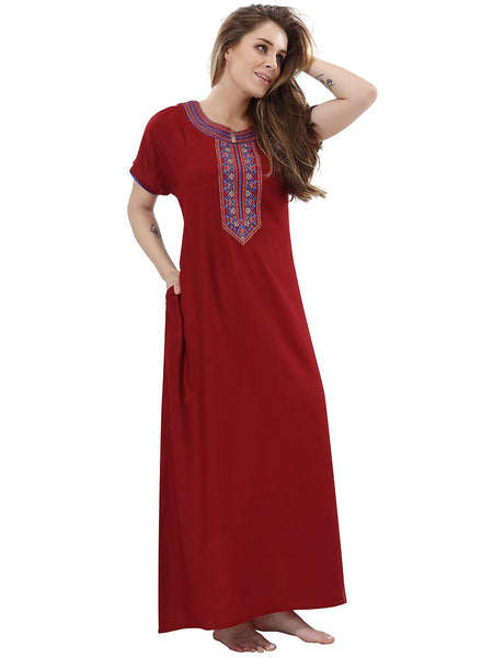 Be You Maroon Embroidered Maxi Nightdress