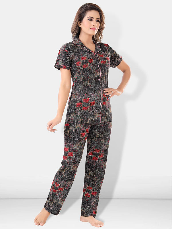 Be You Women Black & Red Printed Pajama & Shorts with Shirt Night Suits