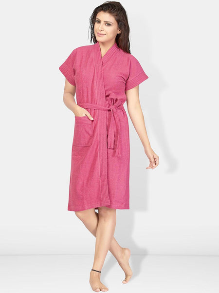 Be You Pink Solid Cotton Drawstring Knee Length Bath Robe