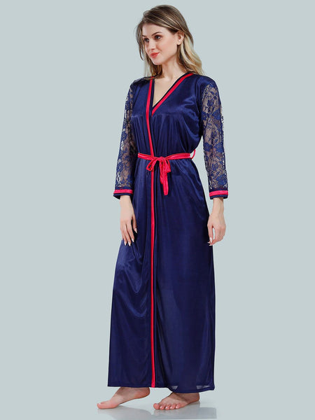 Be You Solid Lace Details Satin Nighty with Robe