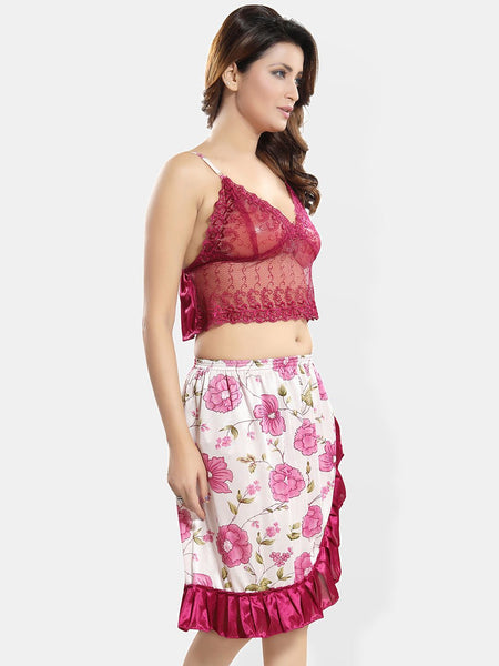 Be You Floral Self Design Satin Cami With Skirt & Robe