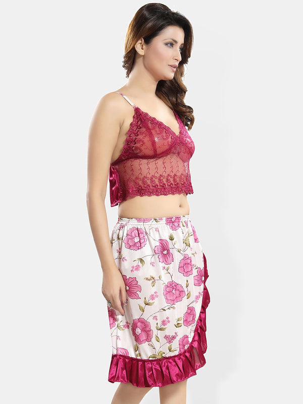 Be You Floral Self Design Satin Cami With Skirt & Robe