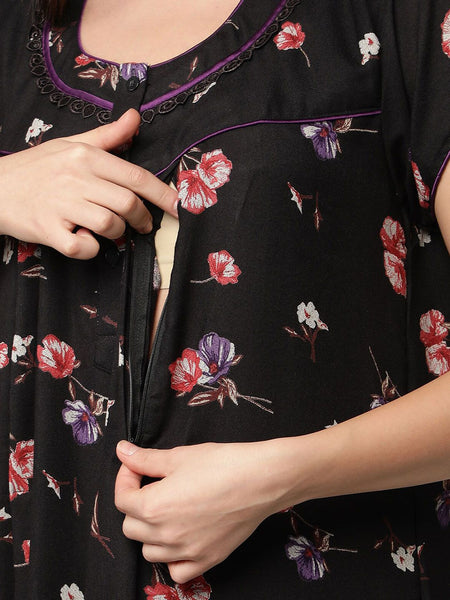 Be You Black Floral Printed Maxi Nightdress