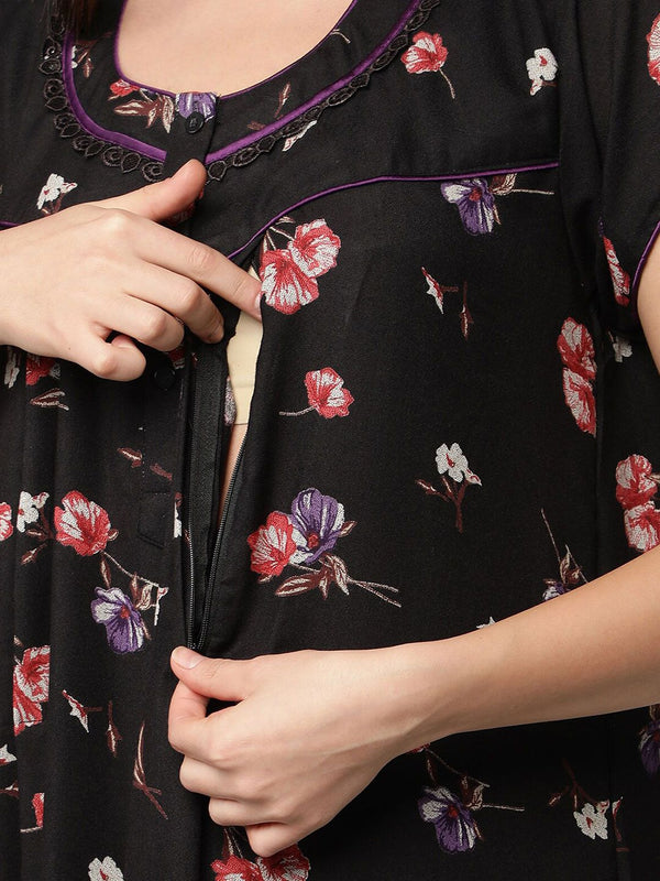 Be You Black Floral Printed Maxi Nightdress