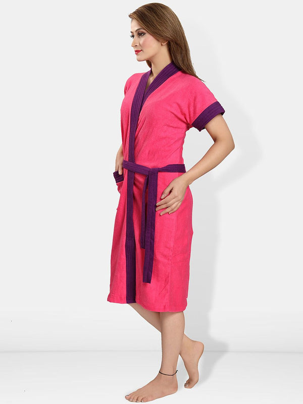 Be You Pink Solid Cotton Drawstring Knee Length Bath Robe