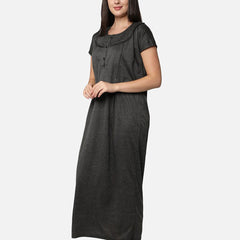 Be You Women Black Printed Maternity Maxi Nightdress