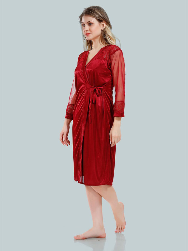 Be You Solid Lace Details Satin Nighty with Robe