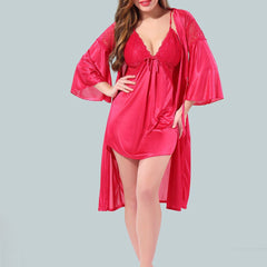 Be You Women Pink Solid Satin Short Nighty with Robe