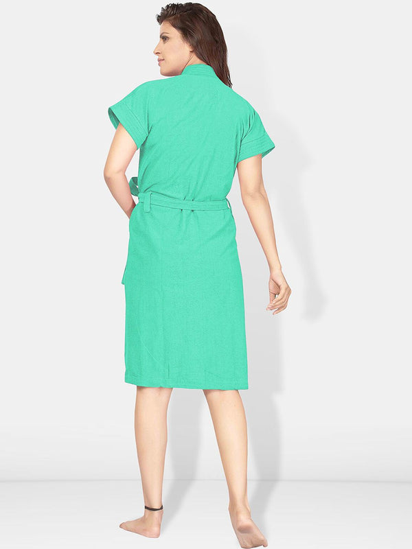 Be You Sea Green Solid Cotton Drawstring Knee Length Bath Robe