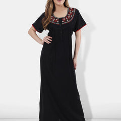 Be You Women Black Embroidered Maxi Nightdress