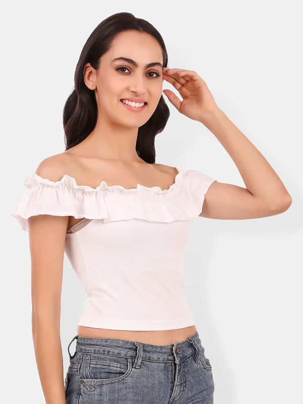 Be You Off-Shoulder Ruffles Cotton Bardot Crop Top
