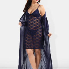 Be You Shoulder Straps Laced Nightdress With Satin Robe And Briefs