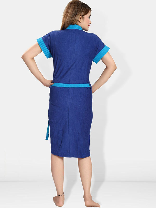 Be You Blue Solid Cotton Drawstring Knee Length Bath Robe