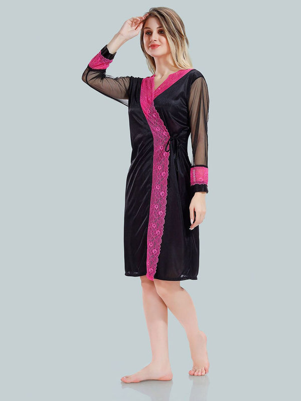 Be You Solid Lace Details Satin Nighty with Robe
