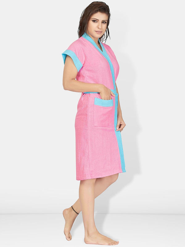 Be You Pink Solid Cotton Drawstring Knee Length Bath Robe-L/XL