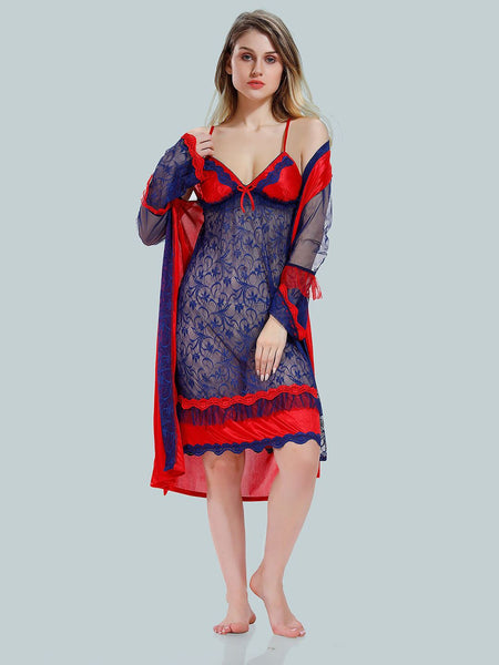 Be You Solid Lace Details Satin Nighty with Robe