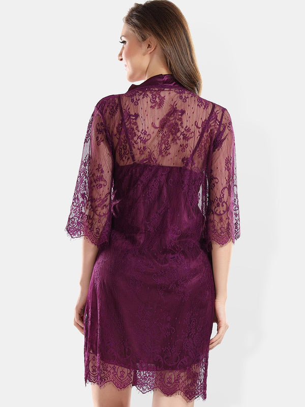 Be You Self Design Satin Shoulder Straps Nightdress With Robe