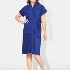 Be You Blue Solid Cotton Drawstring Knee Length Bath Robe-L/XL