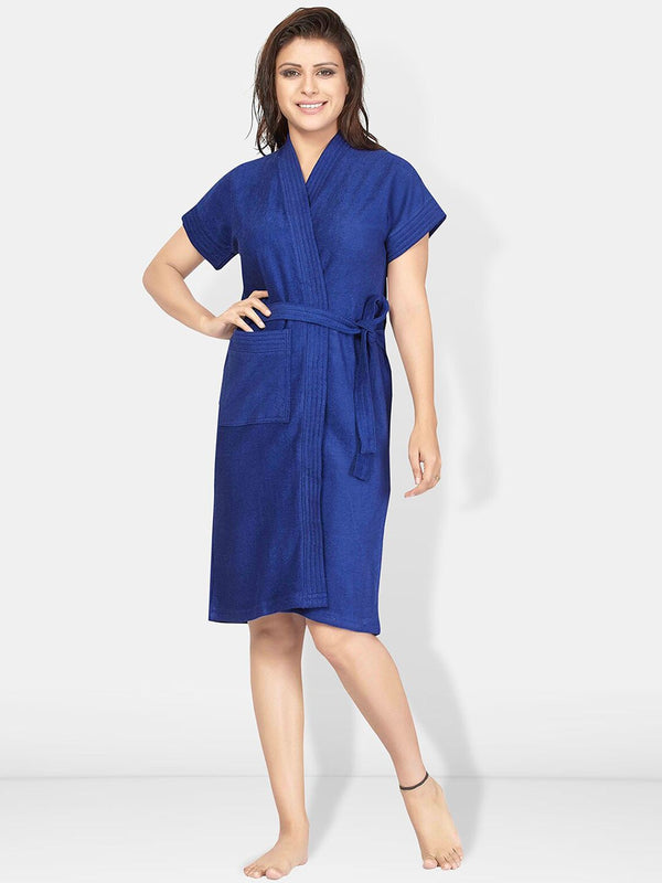 Be You Blue Solid Cotton Drawstring Knee Length Bath Robe-L/XL
