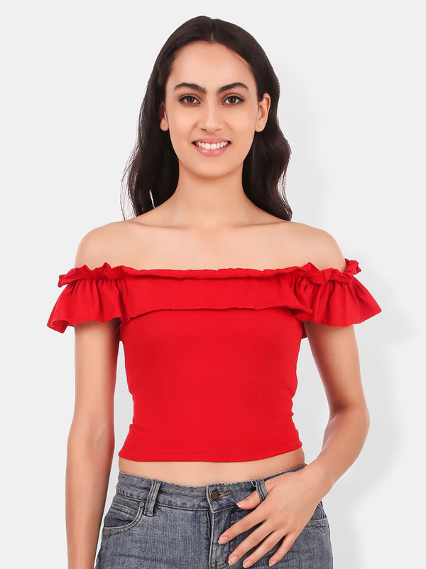 Be You Off-Shoulder Ruffles Cotton Bardot Crop Top