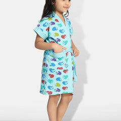 Be You Hearts Blue Conversational Cotton Drawstring Knee Length Bath Robe