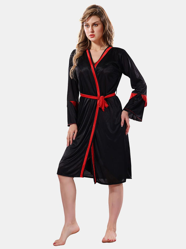 Be You Solid Lace Details Satin Nighty with Robe