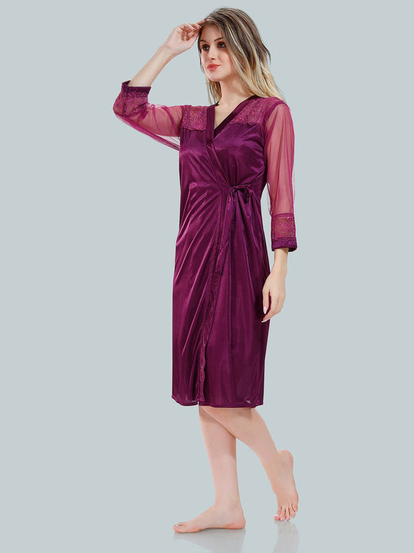 Be You Solid Lace Details Satin Nighty with Robe