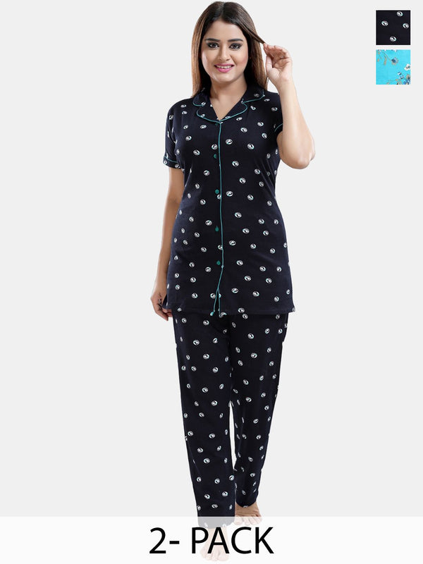 Be You Pack Of 2 Printed Lapel Collar Pure Cotton Night suit
