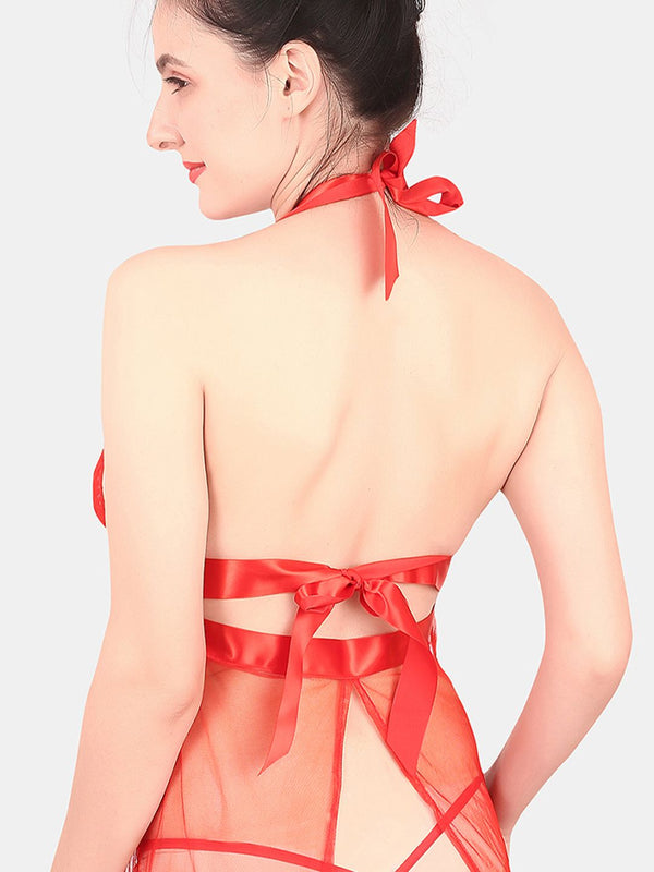 Be You Self Design Halter Neck Tie-Ups Net Baby Doll With Brief