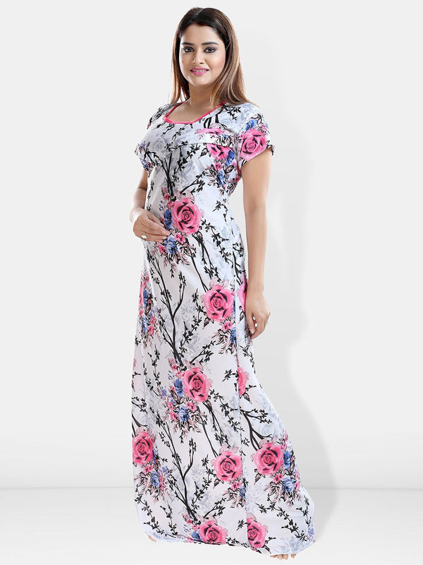 Be You Floral Printed Satin Maternity Maxi Sweat Nightdress