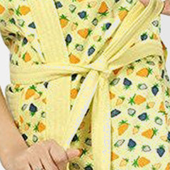 Be You Strawberry Printed Yellow Conversational Cotton Drawstring Knee Length Bath Robe
