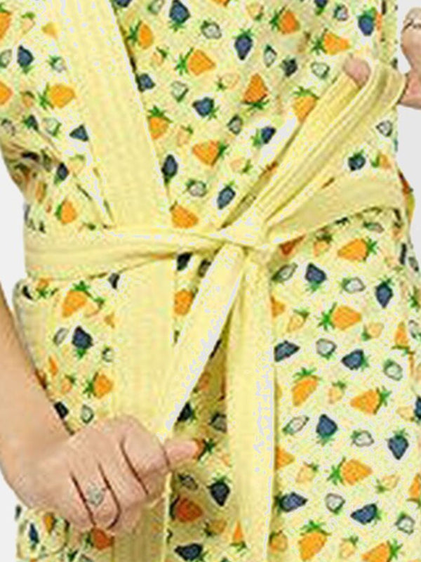 Be You Strawberry Printed Yellow Conversational Cotton Drawstring Knee Length Bath Robe