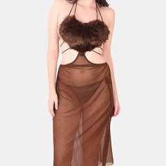 Be You Self Design Fur Detail Halter Neck Baby Doll & Briefs