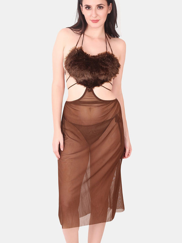 Be You Self Design Fur Detail Halter Neck Baby Doll & Briefs