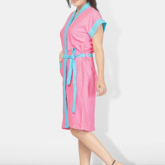 Be You Pink Solid Cotton Drawstring Knee Length Bath Robe-L/XL
